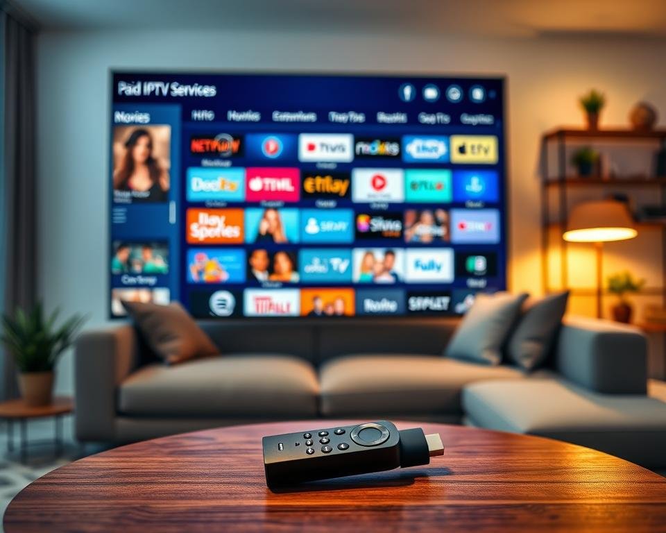 A clean and organized layout of an unofficial paid IPTV services channel lineup, displayed on a sleek digital interface. The foreground features a modern TV screen showcasing vibrant channel icons and streaming categories like movies, sports, and entertainment. In the middle, a stylish living room setup with a cozy couch and a sleek Firestick remote resting on the table, illuminated by soft, warm lighting creating an inviting atmosphere. The background is a softly blurred modern home environment, with hints of decor like shelves with books and plants, enhancing the homey feel. The overall mood is relaxed and tech-savvy, capturing the essence of easy streaming for Firestick users, emphasizing accessibility and a wide range of entertainment options.