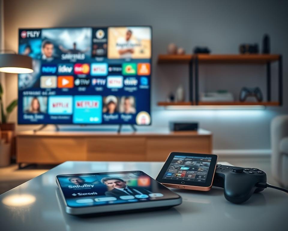 A close-up view of a high-definition television set displaying vibrant streaming content, with clear details of various popular streaming platforms visible. In the foreground, a modern tablet and a smartphone rest on a sleek coffee table, showcasing the same streaming service, illustrating device compatibility. The middle ground features a comfortable living room with soft lighting, creating a cozy atmosphere. A subtle glow emanates from the TV screen, reflecting on nearby surfaces. In the background, a stylish shelf displays a variety of media devices like a streaming box and game console, emphasizing technology integration. The mood is inviting and professional, perfect for showcasing quality entertainment options in a warm, engaging setting.