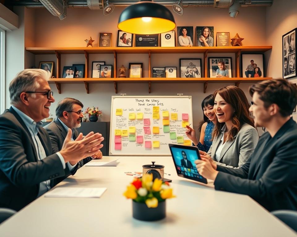 A cozy, inviting office space with a long table where diverse individuals, dressed in professional business attire, share their positive experiences with IPTV. In the foreground, a middle-aged man enthusiastically gestures while speaking, his expression radiating satisfaction. Beside him, a young woman nods in agreement, her face glowing with excitement as she holds a tablet displaying the IPTV interface. The middle of the image captures a whiteboard filled with colorful sticky notes summarizing customer success stories, with warm lighting overhead creating an engaging atmosphere. In the background, blurred out, are shelves lined with awards and framed photos of happy families using IPTV, reinforcing a sense of community and approval. The overall mood is uplifting and hopeful, reflecting genuine testimonials.