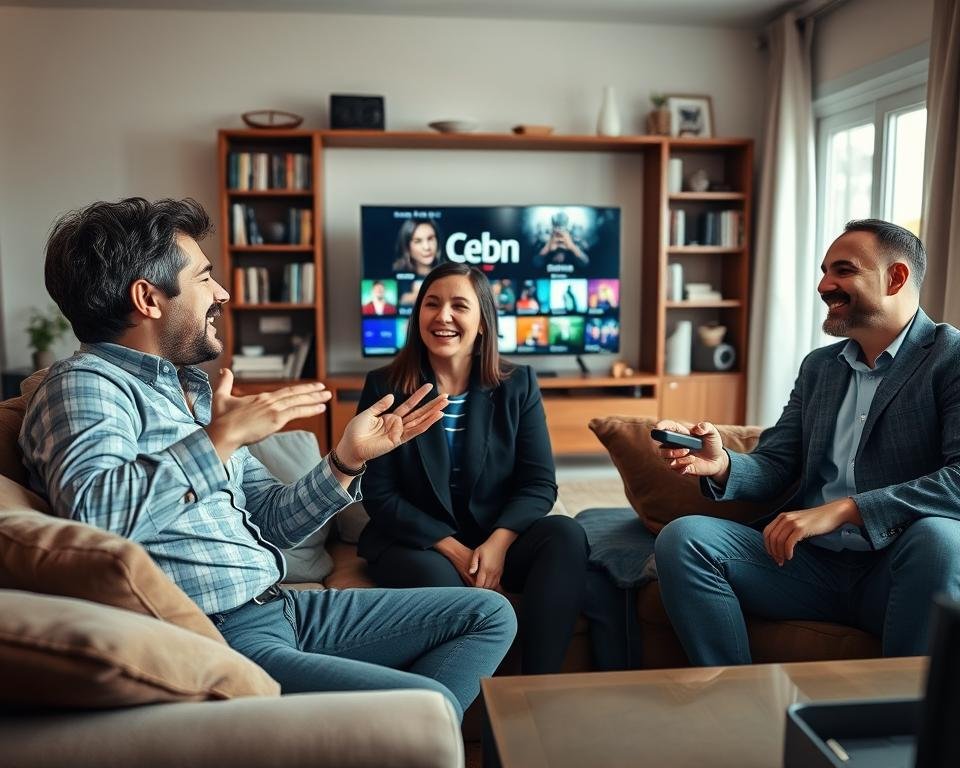 A cozy living room scene featuring a diverse group of three individuals, two men and one woman, joyfully discussing their IPTV experiences while seated on a comfortable couch. In the foreground, one man gestures excitedly, while the woman nods in agreement, and the other man leans forward attentively, holding a remote. The background shows a large flat-screen TV displaying vibrant streaming content, surrounded by a bookshelf filled with DVDs and decorative items. Soft natural light filters through a window, creating a warm and inviting atmosphere. The entire composition conveys a mood of satisfaction and community, highlighting positive user experiences with IPTV services. All individuals are dressed in smart casual attire, ensuring a professional appearance.