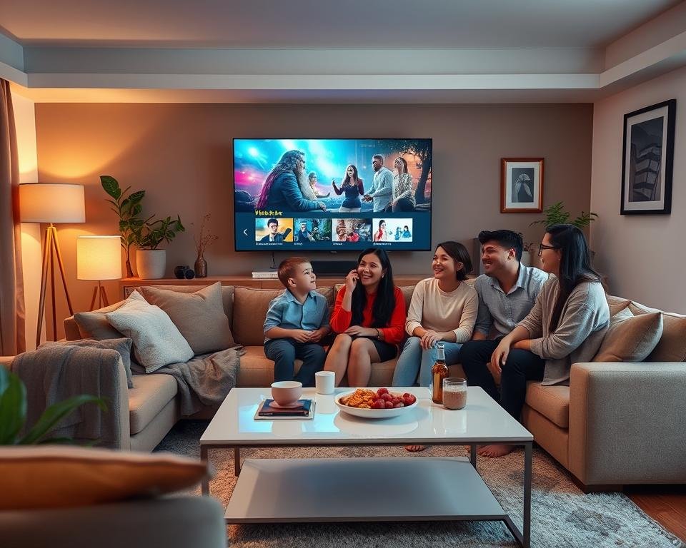 A cozy living room scene featuring a stylish modern television displaying vibrant streaming content. In the foreground, a family of four, dressed in comfortable, modest casual attire, sits together on a plush sofa, laughing and enjoying the show. In the middle ground, a sleek coffee table adorned with snacks and drinks adds a homely touch. The background reveals a tasteful combination of decorative elements, like plants and framed artwork, enhancing the ambiance. Soft, warm lighting from floor lamps creates an inviting atmosphere, while a wide-angle perspective captures the family's engagement and connection. The overall mood is joyful and relaxed, showcasing the advantages of IPTV streaming and video on demand as a shared experience for families.