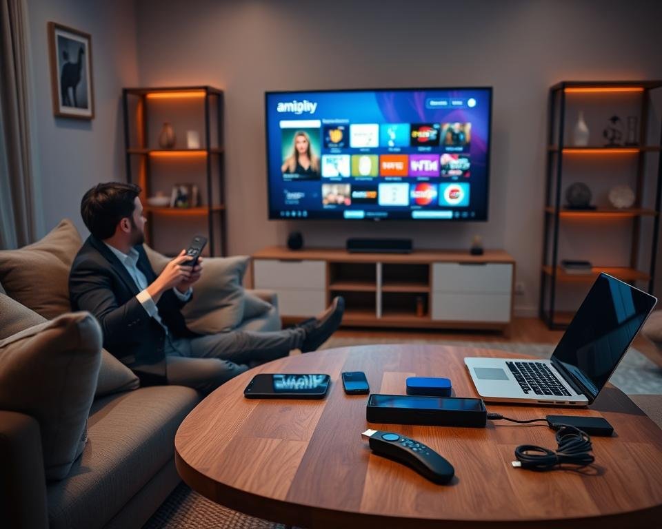 A cozy living room scene focused on setting up IPTV service on an Amazon Firestick. In the foreground, a person dressed in business casual attire is sitting on a comfortable couch, holding a remote control and looking at a large flat-screen TV displaying vibrant streaming icons. The middle layer features a stylish coffee table with an open laptop, a phone, and various streaming device accessories, like HDMI cables. In the background, a warm and inviting atmosphere is created with soft, ambient lighting and a few decorative items on the shelves. The overall mood is one of simplicity and ease, showcasing a modern technology setup. The perspective is slightly elevated, focusing on the person’s engaging interaction with the device.