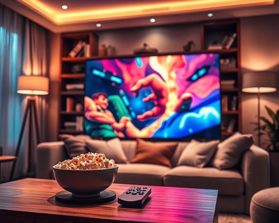 A cozy living room scene showcasing a modern flat-screen TV displaying vibrant, high-definition visuals in 4K resolution. In the foreground, a stylish coffee table holds a bowl of popcorn and a sleek remote control, symbolizing a relaxed viewing experience. The middle ground features a comfortable sofa with plush cushions, draped in warm lighting that creates a welcoming atmosphere. Soft, ambient light emanates from elegant lamps, enhancing the scene's coziness. The background includes a tasteful bookshelf and indoor plants, adding depth and character. The overall mood evokes comfort and enjoyment, perfect for family movie nights or immersive TV viewing. The image should convey a sense of superior streaming quality, highlighting the clarity and richness of the visuals without any text or distractions.