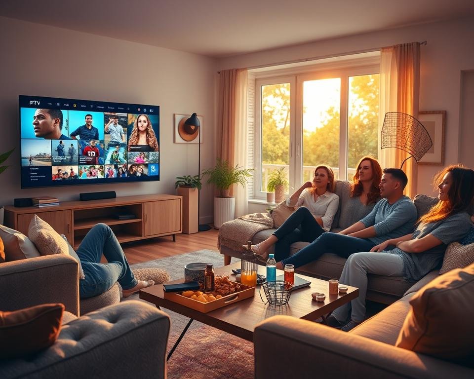 A cozy living room setting with a modern television displaying vibrant IPTV content. In the foreground, a diverse group of three friends, casually dressed, reclines on a comfortable sofa, engaged in an animated discussion about the shows they're watching. The middle ground features a stylish coffee table cluttered with snacks and drinks, enhancing the inviting atmosphere. In the background, warm sunlight streams through large windows, creating a bright and welcoming ambiance. Include decorative elements like plants and artwork to add personality to the space. The scene captures a sense of excitement and camaraderie, showcasing a perfect environment for maximizing an IPTV trial experience. Use soft lighting to create a relaxed, enjoyable mood.