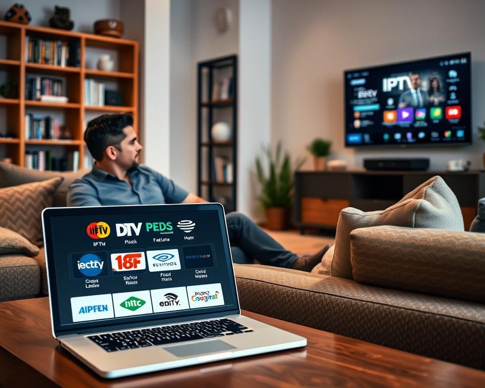 A cozy living room setting with a person sitting on a comfortable sofa, engaged in choosing an IPTV service. The foreground features a laptop on a coffee table displaying a comparison of various IPTV logos and features. The middle ground includes an inviting bookshelf filled with DVDs and a modern TV mounted on the wall, showcasing a streaming interface. The background consists of soft lighting from a nearby window, creating a warm atmosphere. The person, dressed in smart casual attire, appears focused and contemplative, suggesting decision-making. The scene captures a blend of technology and comfort, emphasizing the importance of choosing the right IPTV service for home entertainment. A cozy living room setting with a person sitting on a comfortable sofa, engaged in choosing an IPTV service. The foreground features a laptop on a coffee table displaying a comparison of various IPTV logos and features. The middle ground includes an inviting bookshelf filled with DVDs and a modern TV mounted on the wall, showcasing a streaming interface. The background consists of soft lighting from a nearby window, creating a warm atmosphere. The person, dressed in smart casual attire, appears focused and contemplative, suggesting decision-making. The scene captures a blend of technology and comfort, emphasizing the importance of choosing the right IPTV service for home entertainment.