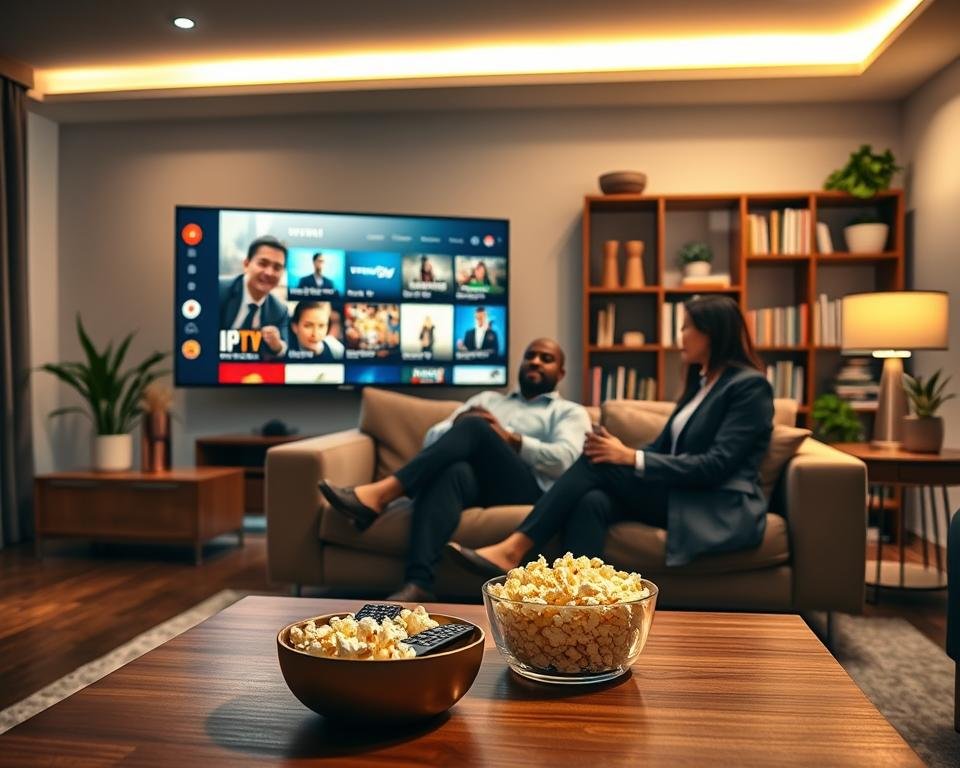 A cozy, modern living room brightly lit with warm, inviting lighting. In the foreground, a sleek, large flat-screen TV displays a vibrant streaming interface showcasing various IPTV channels. A stylish coffee table is set with a bowl of popcorn and two remote controls, indicating a premium streaming experience. In the middle ground, a couple in professional business attire sits comfortably on a plush couch, engaged in selecting their next show. The background features a tastefully decorated bookshelf filled with books and a few potted plants, creating a relaxing atmosphere. The angle is slightly tilted downwards, emphasizing the immersive nature of the trial experience, evoking feelings of excitement and enjoyment in a sophisticated environment.