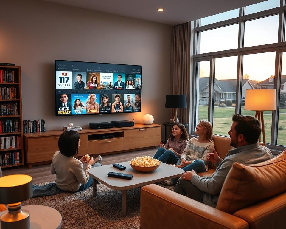 A cozy modern living room setting, featuring a large flat-screen TV displaying vibrant images of popular movies and series. In the foreground, a family of four—two adults and two children—are comfortably seated on a stylish sofa, dressed in casual, modest clothing. They are engrossed in their viewing, sharing popcorn and laughing together. Surrounding them are bookshelves filled with DVDs and streaming devices. The middle scene shows a sleek coffee table with remotes and a bowl of snacks. Soft, warm lighting from stylish lamps enhances the inviting atmosphere. In the background, large windows reveal a suburban neighborhood at dusk, casting a serene glow. The overall mood is one of warmth, togetherness, and the joy of shared entertainment experiences.