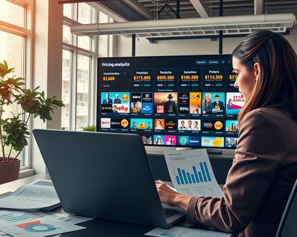 A detailed and vibrant scene depicting a modern office environment focused on pricing analysis for streaming services. In the foreground, a professional woman in business attire is intently analyzing financial charts on a sleek laptop, surrounded by colorful graphs and data sheets. The middle layer features a large digital screen displaying various subscription options and their prices, alongside compelling visuals of popular streaming icons. In the background, a bright office space with large windows allows natural sunlight to filter in, creating a warm and inviting atmosphere. The overall mood is analytical and focused, with a blend of modern technology and professional diligence, showcasing collaboration and strategic thinking in the realm of live TV streaming alternatives. A detailed and vibrant scene depicting a modern office environment focused on pricing analysis for streaming services. In the foreground, a professional woman in business attire is intently analyzing financial charts on a sleek laptop, surrounded by colorful graphs and data sheets. The middle layer features a large digital screen displaying various subscription options and their prices, alongside compelling visuals of popular streaming icons. In the background, a bright office space with large windows allows natural sunlight to filter in, creating a warm and inviting atmosphere. The overall mood is analytical and focused, with a blend of modern technology and professional diligence, showcasing collaboration and strategic thinking in the realm of live TV streaming alternatives.