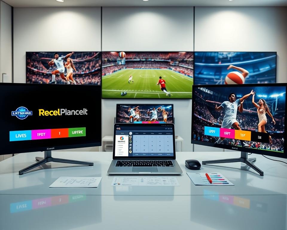 A detailed comparison of leading IPTV service providers illustrated visually. In the foreground, display three sleek digital screens side by side, showcasing logos and key features of popular IPTV services. Each screen should be labeled with vibrant colors, accurately representing different service logos but without any text. The middle layer features a clean, modern workspace with a laptop displaying a sports streaming interface, surrounded by notes and comparison charts. The background includes soft-focus images of live sports events, like a football match and a basketball game, evoking excitement and action. Use bright lighting to create a dynamic atmosphere, aiming for a professional feel. Capture the scene from a slightly elevated angle, giving an overview that invites the viewer's interest in IPTV for sports streaming. A detailed comparison of leading IPTV service providers illustrated visually. In the foreground, display three sleek digital screens side by side, showcasing logos and key features of popular IPTV services. Each screen should be labeled with vibrant colors, accurately representing different service logos but without any text. The middle layer features a clean, modern workspace with a laptop displaying a sports streaming interface, surrounded by notes and comparison charts. The background includes soft-focus images of live sports events, like a football match and a basketball game, evoking excitement and action. Use bright lighting to create a dynamic atmosphere, aiming for a professional feel. Capture the scene from a slightly elevated angle, giving an overview that invites the viewer's interest in IPTV for sports streaming.