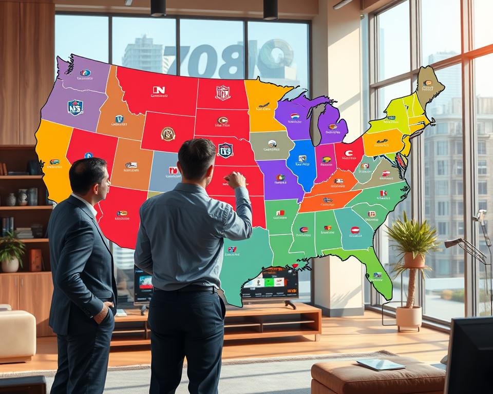 A detailed illustration of a regional sports network availability map, with a vibrant color palette showcasing various states in the U.S. Each state prominently displays local sports channels and logos, highlighting their coverage areas. In the foreground, a couple of people in professional business attire are analyzing the map, pointing out key regions. The middle ground features a large digital screen displaying sports statistics and schedules related to regional broadcasts. The background includes a cozy office environment with large windows allowing natural light to pour in, creating a warm and inviting atmosphere. The scene is captured with a slightly elevated angle, emphasizing the interactivity of the map and the importance of local sports networks in the context of live TV streaming. A detailed illustration of a regional sports network availability map, with a vibrant color palette showcasing various states in the U.S. Each state prominently displays local sports channels and logos, highlighting their coverage areas. In the foreground, a couple of people in professional business attire are analyzing the map, pointing out key regions. The middle ground features a large digital screen displaying sports statistics and schedules related to regional broadcasts. The background includes a cozy office environment with large windows allowing natural light to pour in, creating a warm and inviting atmosphere. The scene is captured with a slightly elevated angle, emphasizing the interactivity of the map and the importance of local sports networks in the context of live TV streaming.