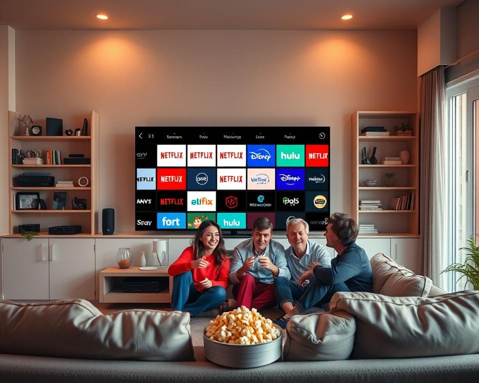A dynamic and engaging composition illustrating a "bundled streaming services" theme. In the foreground, a sleek modern living room setup features a large flat-screen TV displaying a collage of popular streaming service logos like Netflix, Hulu, and Disney+. The middle layer showcases a cozy family of four, dressed in casual yet neat attire, happily enjoying popcorn while watching a movie. The background depicts shelves filled with streaming devices, decorative items, and a window letting in soft natural light, creating an inviting atmosphere. The scene embodies the mood of entertainment and family bonding, with warm lighting to enhance the cozy feel. The camera angle is slightly elevated for a comprehensive view of the entire setting, capturing the essence of modern home entertainment. A dynamic and engaging composition illustrating a "bundled streaming services" theme. In the foreground, a sleek modern living room setup features a large flat-screen TV displaying a collage of popular streaming service logos like Netflix, Hulu, and Disney+. The middle layer showcases a cozy family of four, dressed in casual yet neat attire, happily enjoying popcorn while watching a movie. The background depicts shelves filled with streaming devices, decorative items, and a window letting in soft natural light, creating an inviting atmosphere. The scene embodies the mood of entertainment and family bonding, with warm lighting to enhance the cozy feel. The camera angle is slightly elevated for a comprehensive view of the entire setting, capturing the essence of modern home entertainment.