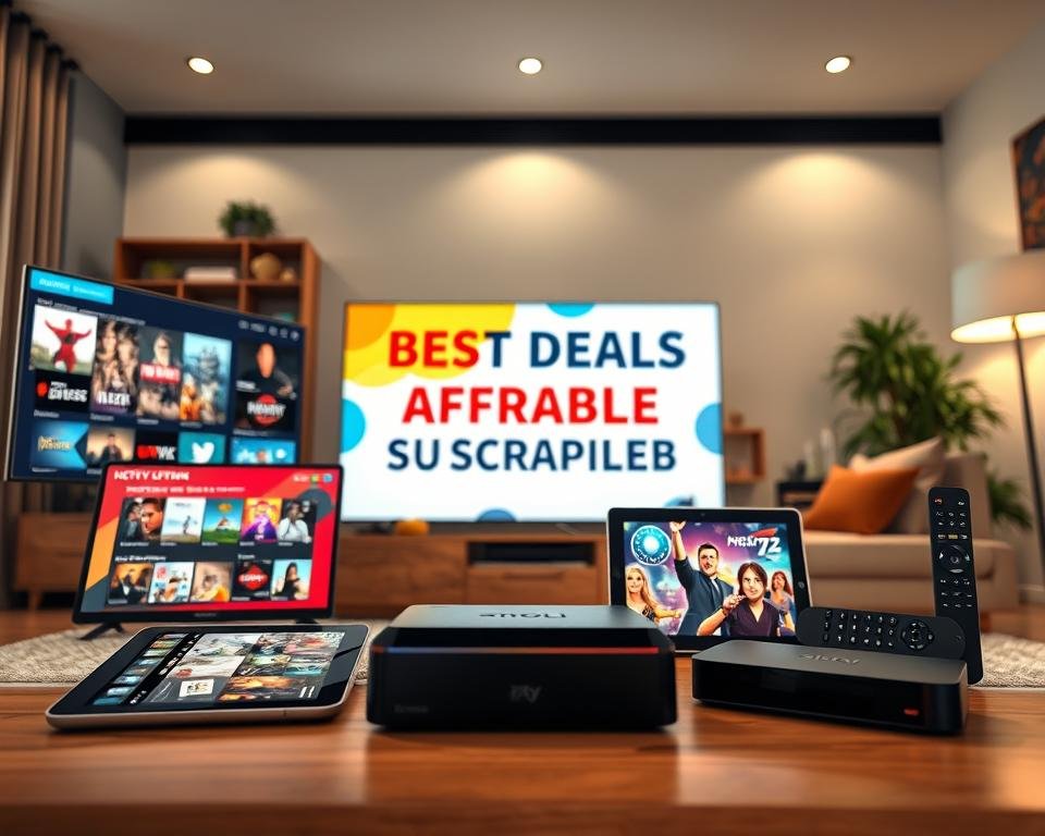 A dynamic and engaging scene showcasing various IPTV subscription deals in a modern digital setting. In the foreground, there are sleek electronic devices such as smart TVs, tablets, and streaming boxes displaying vibrant interfaces filled with enticing content icons. The middle ground features visually appealing promotional banners highlighting the words "Best Deals" and "Affordable Subscription" with colorful graphics representing entertainment options. In the background, a subtle representation of a cozy living room with soft ambient lighting enhances the atmosphere, evoking a sense of comfort and enjoyment. The composition should use a warm color palette, with a focus on providing a welcoming and inviting mood, all captured with a wide-angle lens to create depth and clarity. No text or logos should be present, ensuring a clean visual focus on the IPTV offerings.