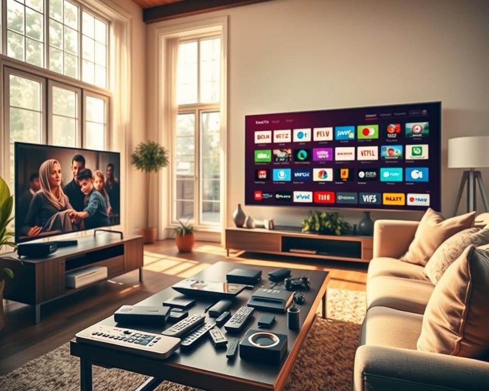 A dynamic and vibrant living room filled with the warmth of natural light streaming through large windows, showcasing a modern entertainment setup. In the foreground, a sleek, high-definition television prominently displays an array of colorful channel icons, symbolizing a vast selection of IPTV content. The middle ground features a stylish coffee table strewn with remote controls and streaming devices, indicating an inviting environment for media exploration. In the background, a cozy sofa adorned with plush cushions invites relaxation, while decorative plants add a touch of greenery. The overall mood is lively and engaging, suggesting excitement and ease in exploring diverse entertainment options, with a bright and cheerful atmosphere illuminated by soft, diffused lighting.