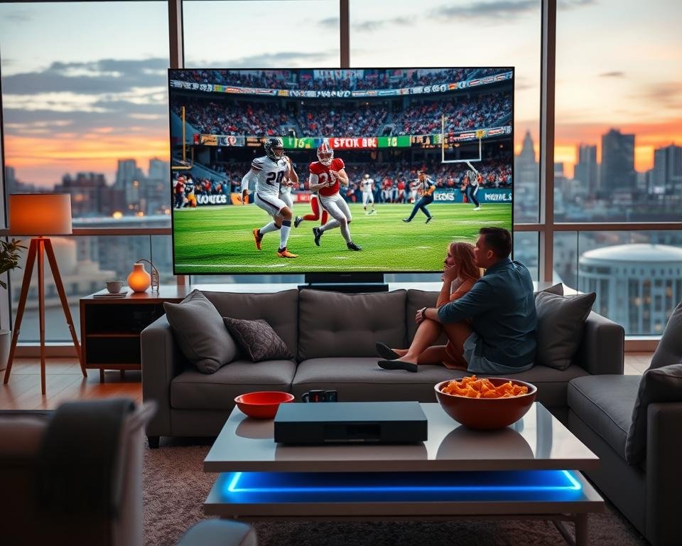 A dynamic scene depicting a sports live event streaming setup in a modern home setting. In the foreground, a large, high-definition television displays a vibrant sports game, capturing intense action shots of players in motion. Two people, dressed in professional casual attire, sit comfortably on a stylish couch, engrossed in the game with a bowl of snacks nearby. The middle ground features a sleek streaming device on a contemporary coffee table, while LED lights in soft blue and orange tones enhance the ambiance. In the background, a large window reveals a sunset skyline, adding warmth to the atmosphere. The overall mood is energetic and engaging, reflecting the excitement of live sports viewing.