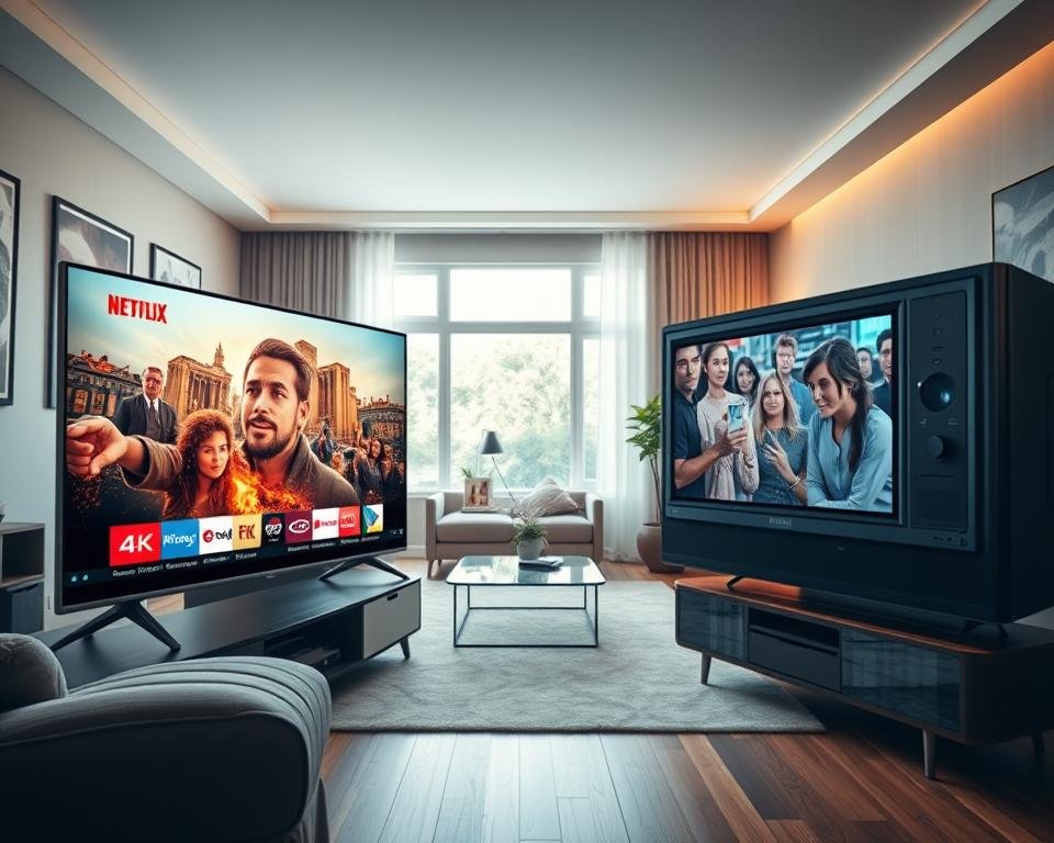 A dynamic split-screen image comparing IPTV and traditional cable television. In the foreground, a sleek modern smart TV displaying vibrant 4K imagery of iconic streaming content on the left side, representing IPTV. On the right side, an older TV with a slightly faded picture displaying a typical cable channel, emphasizing the contrast. In the middle ground, a stylish living room with contemporary furniture and a warm ambiance, illuminated by soft, inviting lighting. The background features a window with natural daylight streaming in, creating a welcoming atmosphere. Use a wide-angle lens for a panoramic effect, capturing the distinct features of both systems while maintaining a balanced composition that evokes feelings of innovation against nostalgia. Ensure the scene is professional and uncluttered, with no people present.
