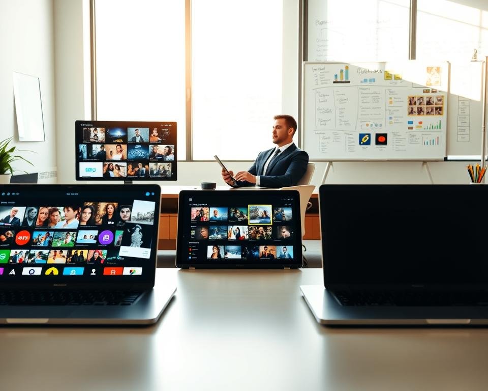 A dynamic workspace scene illustrating a comparative analysis of IPTV platforms. In the foreground, three sleek, modern laptops display different IPTV interfaces, showcasing vibrant thumbnails of popular shows and movies. In the middle, a professional in business attire sits at a stylish desk, reviewing charts and graphs comparing features of various IPTV services. Soft natural light streams through a large window, illuminating the room and casting gentle shadows. In the background, a whiteboard is filled with colorful diagrams and notes about IPTV features, creating a focused yet lively atmosphere. The overall mood is analytical and engaging, perfect for a tech-savvy audience exploring IPTV options.