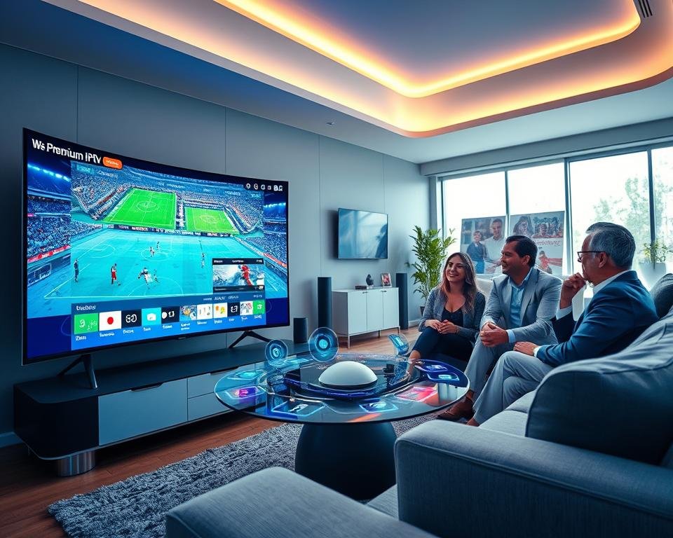 A futuristic living room designed for premium sports viewing, featuring an advanced IPTV streaming setup. In the foreground, a sleek, ultra-high-definition curved screen showcases multiple live sports events in vibrant colors, with digital overlays displaying game stats and player information. The middle ground presents a modern sofa where a diverse group of three people, dressed in smart casual attire, enthusiastically interacts with holographic controls and virtual interfaces floating above the coffee table. The background illustrates a bright and spacious room with large windows, letting in natural light and modern decor, including sports memorabilia. Use soft, ambient lighting to create a lively and engaging atmosphere, evoking excitement for the future of sports streaming technology. The angle is slightly low, capturing the immersive experience of watching live sports at home. A futuristic living room designed for premium sports viewing, featuring an advanced IPTV streaming setup. In the foreground, a sleek, ultra-high-definition curved screen showcases multiple live sports events in vibrant colors, with digital overlays displaying game stats and player information. The middle ground presents a modern sofa where a diverse group of three people, dressed in smart casual attire, enthusiastically interacts with holographic controls and virtual interfaces floating above the coffee table. The background illustrates a bright and spacious room with large windows, letting in natural light and modern decor, including sports memorabilia. Use soft, ambient lighting to create a lively and engaging atmosphere, evoking excitement for the future of sports streaming technology. The angle is slightly low, capturing the immersive experience of watching live sports at home.