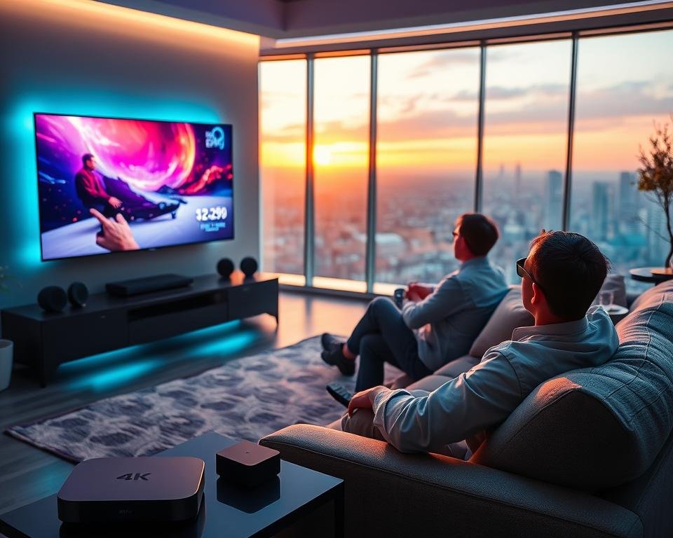 A futuristic living room featuring a sleek, ultra-modern 4K television displaying vibrant streaming content, surrounded by cutting-edge devices like a smart streaming box and voice-controlled remotes. In the foreground, a person (dressed in smart casual attire) sits comfortably on a stylish couch, attentively watching the screen, illuminated by the soft glow of ambient lighting reflecting the high-resolution display. The middle ground showcases a range of smart home technology, with innovative gadgets seamlessly integrated into the decor. The background hints at a panoramic view of a smart city through large windows, bathed in warm sunset hues that create a cozy, inviting atmosphere. Focus on a wide-angle perspective with soft focus on the background, emphasizing the integration of technology in everyday life.