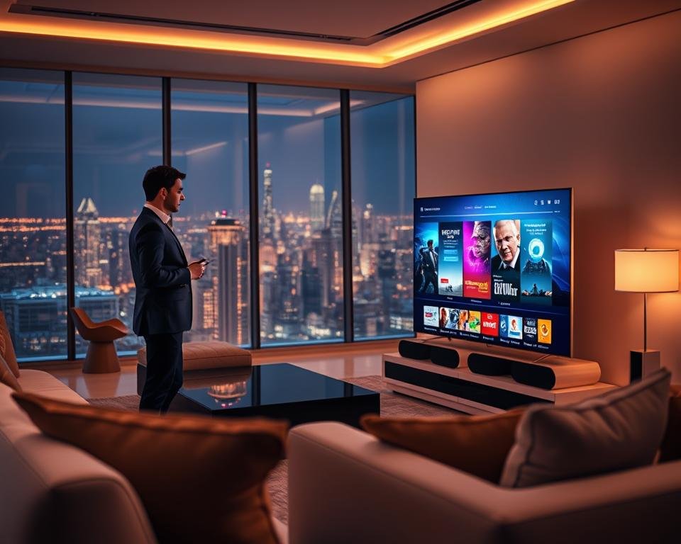 A futuristic living room scene illustrating cutting-edge streaming technology. In the foreground, a sleek, ultra-modern smart television displays vibrant, high-definition content. To the left, a professional individual in smart casual attire, engaged in selecting programs using a stylish touchpad remote. In the middle ground, a cozy sofa with minimalist design and advanced speakers integrated into the decor, emphasizing audio technology. In the background, large windows revealing a panoramic cityscape illuminated by nighttime urban lights, creating a dynamic and engaging atmosphere. Soft, ambient lighting casts a warm glow across the room, enhancing the modern tech-inspired aesthetic. The focus is sharp, capturing details of the technology with a slight depth of field to blur the background subtly.
