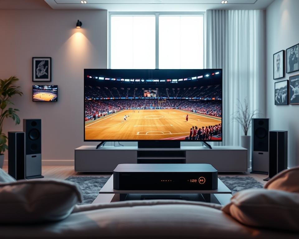 A futuristic living room setting showcasing advanced streaming technology. In the foreground, a sleek flat-screen TV displays vibrant, high-definition images in rich detail, illustrating live sports and entertainment. The middle ground features a modern entertainment console with minimalist design, including a high-tech streaming device with glowing LED indicators. Surrounding the furniture are state-of-the-art wireless speakers that set a dynamic ambiance. The background reveals a large window with soft, natural light filtering through, creating a cozy atmosphere. The walls are adorned with subtle tech-inspired art, hinting at innovation. Use soft, diffused lighting to enhance the scene, creating a warm yet cutting-edge vibe. The angle should be slightly tilted to emphasize the advanced features and immersion of the viewing experience.