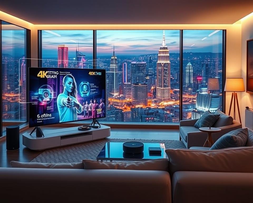 A futuristic living room showcasing advanced streaming technology innovations. In the foreground, a sleek, ultra-thin 4K television displays vibrant, high-resolution content, adorned with holographic interfaces for user interaction. In the middle ground, a comfortable modern sofa is surrounded by minimalist furniture, featuring smart devices like voice-activated speakers and digital assistants. The background has large windows revealing a vibrant city skyline, illuminated by neon lights at dusk, creating a dynamic atmosphere. Soft, ambient lighting enhances the mood, showcasing a blend of comfort and high-tech lifestyle. The scene conveys innovation and the future of IPTV services in a cozy home setting, emphasizing a seamless media experience.