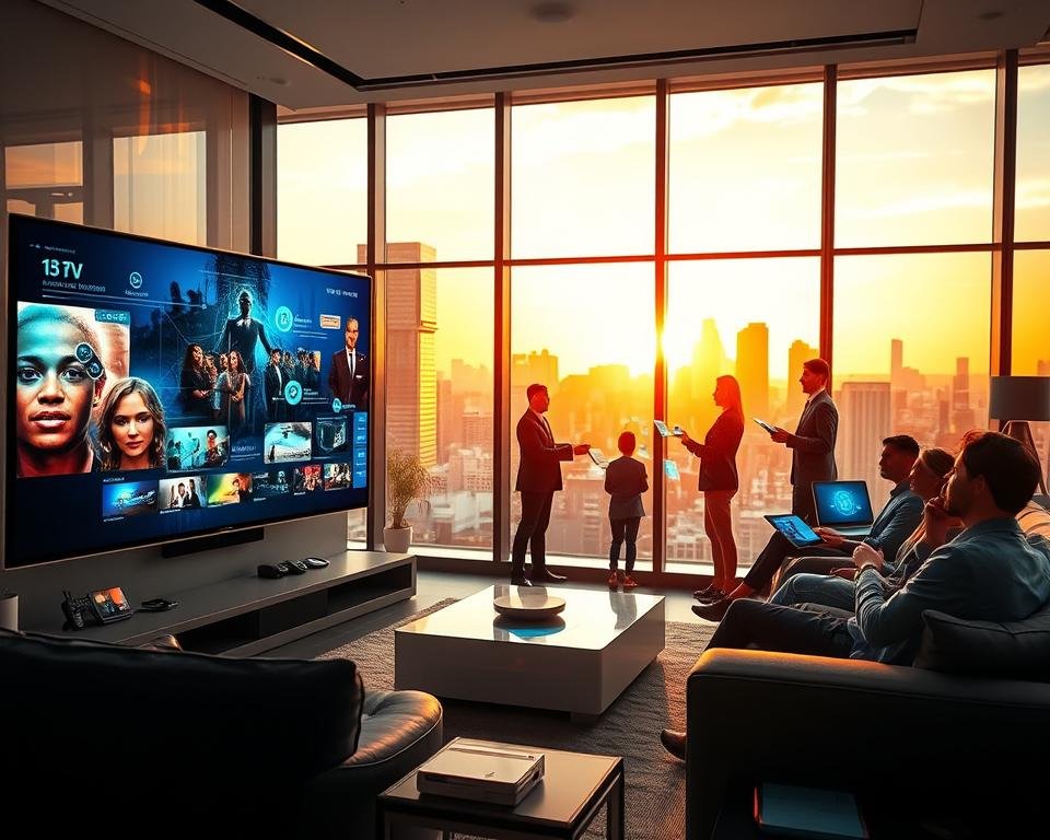 A futuristic living room showcasing the evolution of IPTV technology in the United States. In the foreground, a sleek, ultra-modern smart TV displays vibrant streaming content, surrounded by high-tech remote controls and smart devices. In the middle, a diverse group of people, dressed in professional business attire, engage with holographic interfaces and interactive screens, demonstrating the next wave of IPTV technology. The background features large windows revealing a bustling city skyline, illuminated by sunset, casting warm, golden light throughout the space. The atmosphere is lively and innovative, capturing a sense of excitement about the future of entertainment. The composition is shot from a slightly elevated angle, emphasizing the dynamic interactions and futuristic design. A futuristic living room showcasing the evolution of IPTV technology in the United States. In the foreground, a sleek, ultra-modern smart TV displays vibrant streaming content, surrounded by high-tech remote controls and smart devices. In the middle, a diverse group of people, dressed in professional business attire, engage with holographic interfaces and interactive screens, demonstrating the next wave of IPTV technology. The background features large windows revealing a bustling city skyline, illuminated by sunset, casting warm, golden light throughout the space. The atmosphere is lively and innovative, capturing a sense of excitement about the future of entertainment. The composition is shot from a slightly elevated angle, emphasizing the dynamic interactions and futuristic design.