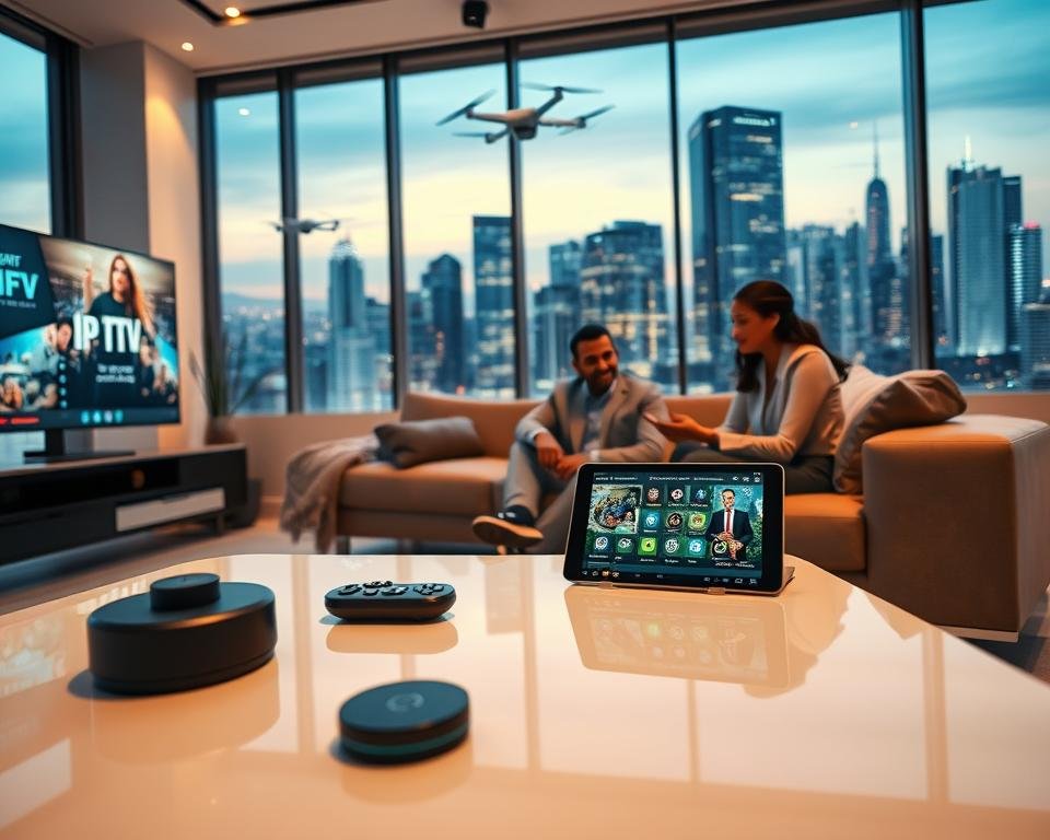 A futuristic living room with high-tech gadgets showcasing IPTV streaming on a large flat-screen TV. In the foreground, a sleek, modern coffee table is holding a smart remote and a tablet displaying an IPTV app. The middle ground features a comfortable sofa with a couple of diverse, professionally dressed individuals, engaged in a lively discussion about their streaming options. The background is illuminated with warm ambient lighting, and large windows reveal a city skyline filled with advanced technology like drones and smart buildings. The atmosphere is vibrant and innovative, highlighting the excitement of future trends in IPTV technology, with a clear focus on connectivity and user experience. The lens captures the scene from a slightly elevated angle, emphasizing the modern design aesthetic and interactive nature of future streaming services.