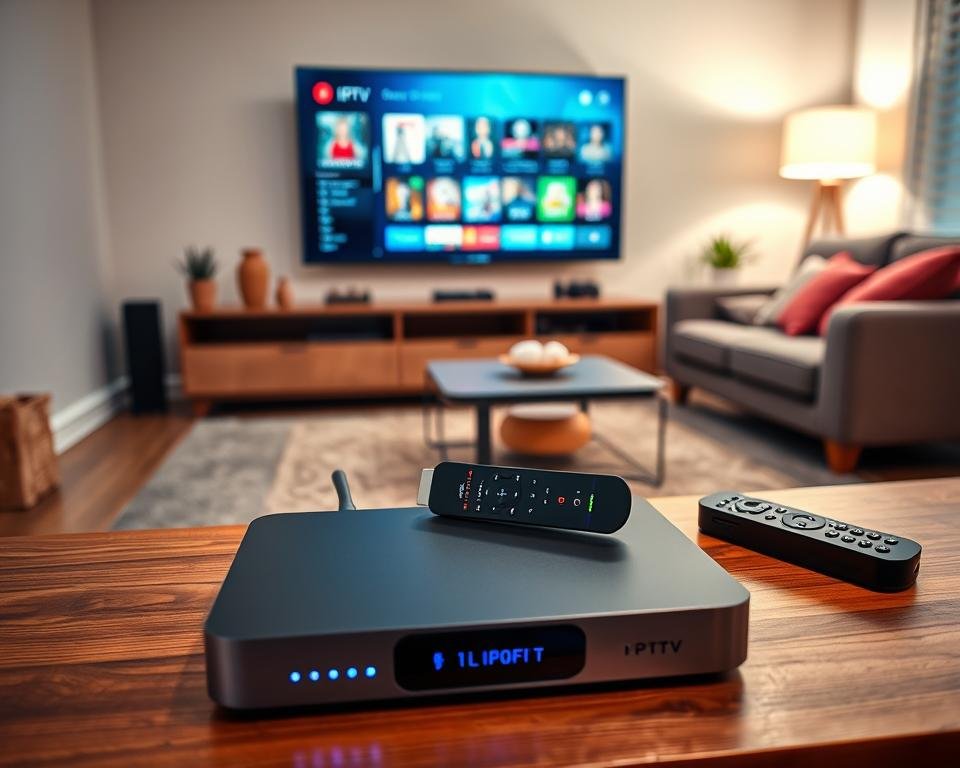 A modern IPTV setup featuring various devices arranged neatly on a stylish wooden TV stand. In the foreground, a sleek IPTV box with illuminated indicators, a compact streaming stick, and a remote control. In the middle, a flat-screen television displaying a vibrant screen of different streaming channels and content. In the background, a cozy living room with a comfortable sofa adorned with colorful cushions and a soft rug. Soft, warm lighting emanates from a nearby lamp, creating an inviting atmosphere. The angle captures the entire setup, emphasizing the harmony of technology and comfort in a home environment, perfect for TV lovers setting up their own IPTV platforms.