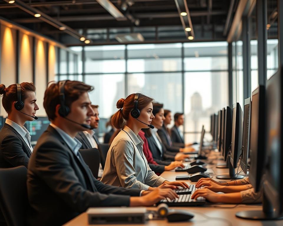 A modern customer support center designed to convey 24/7 reliability. In the foreground, a diverse team of professional customer support representatives in business attire, engaging with clients through headsets, displaying attentive expressions. The middle ground features sleek computer stations equipped with multiple monitors, showcasing various service metrics and chat windows. The background is illuminated with soft, warm lighting, creating a welcoming atmosphere, while large glass windows allow natural light to filter in, hinting at a bustling cityscape outside. Use a slightly elevated camera angle to capture the entire scene, emphasizing the team's collaboration and commitment to excellent service. The mood is one of professionalism and dedication, highlighting the essential role of customer support in the IPTV industry.
