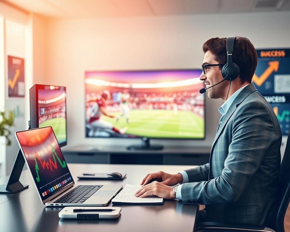 A modern customer support desk in a well-lit office environment, showcasing a friendly support representative wearing professional business attire, engaging with a customer through a computer screen. The foreground features a sleek desk with a headset, notepad, and a laptop displaying colorful graphs that symbolize IPTV service reliability. In the middle ground, a large monitor displays a live sports event, illustrating the core concept of streaming. The background contains vibrant depictions of sports memorabilia and success charts, creating a sense of energy and progress. Soft, warm lighting enhances the welcoming atmosphere, with a focus on the interaction, framed from a slightly elevated angle to emphasize the connection and professionalism in customer support for IPTV services. A modern customer support desk in a well-lit office environment, showcasing a friendly support representative wearing professional business attire, engaging with a customer through a computer screen. The foreground features a sleek desk with a headset, notepad, and a laptop displaying colorful graphs that symbolize IPTV service reliability. In the middle ground, a large monitor displays a live sports event, illustrating the core concept of streaming. The background contains vibrant depictions of sports memorabilia and success charts, creating a sense of energy and progress. Soft, warm lighting enhances the welcoming atmosphere, with a focus on the interaction, framed from a slightly elevated angle to emphasize the connection and professionalism in customer support for IPTV services.