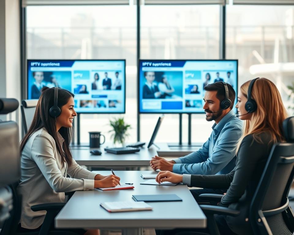A modern customer support environment featuring a diverse team of three professionals seated at sleek, ergonomic desks in a bright, contemporary office with large windows. The background has subtle hints of technology, including dual monitors displaying customer interaction interfaces and IPTV service graphics. The foreground captures a well-organized workspace with headsets and notepads. Soft, diffused natural light creates an inviting atmosphere, emphasizing a sense of collaboration and approachability. The professionals are dressed in smart casual attire, engaged in a discussion, reflecting positive user experience insights. The overall mood is supportive and proactive, showcasing a dedication to excellent customer service and user experience. No text, logos, or branding.