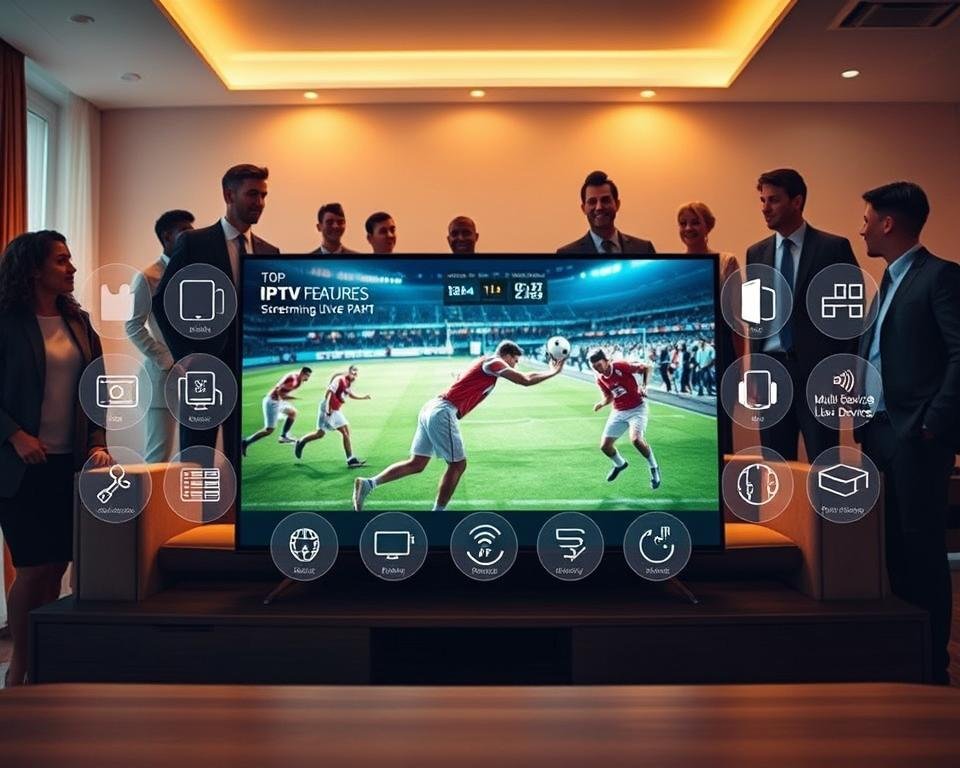 A modern digital workspace featuring top IPTV providers’ unique features, emphasizing streaming live sports. In the foreground, display a sleek, high-resolution smart TV displaying a vibrant sports channel with players in action. The middle layer showcases various IPTV features like a user-friendly interface, multi-device compatibility, and high-definition quality, represented by clear icons or graphics around the TV. In the background, faint silhouettes of diverse people in professional attire watching the game together in a cozy, well-lit living room setting. The scene is illuminated with warm, inviting lighting, creating an engaging and sporty atmosphere. Use a wide-angle lens perspective to capture the interactive and dynamic essence of IPTV services. A modern digital workspace featuring top IPTV providers’ unique features, emphasizing streaming live sports. In the foreground, display a sleek, high-resolution smart TV displaying a vibrant sports channel with players in action. The middle layer showcases various IPTV features like a user-friendly interface, multi-device compatibility, and high-definition quality, represented by clear icons or graphics around the TV. In the background, faint silhouettes of diverse people in professional attire watching the game together in a cozy, well-lit living room setting. The scene is illuminated with warm, inviting lighting, creating an engaging and sporty atmosphere. Use a wide-angle lens perspective to capture the interactive and dynamic essence of IPTV services.