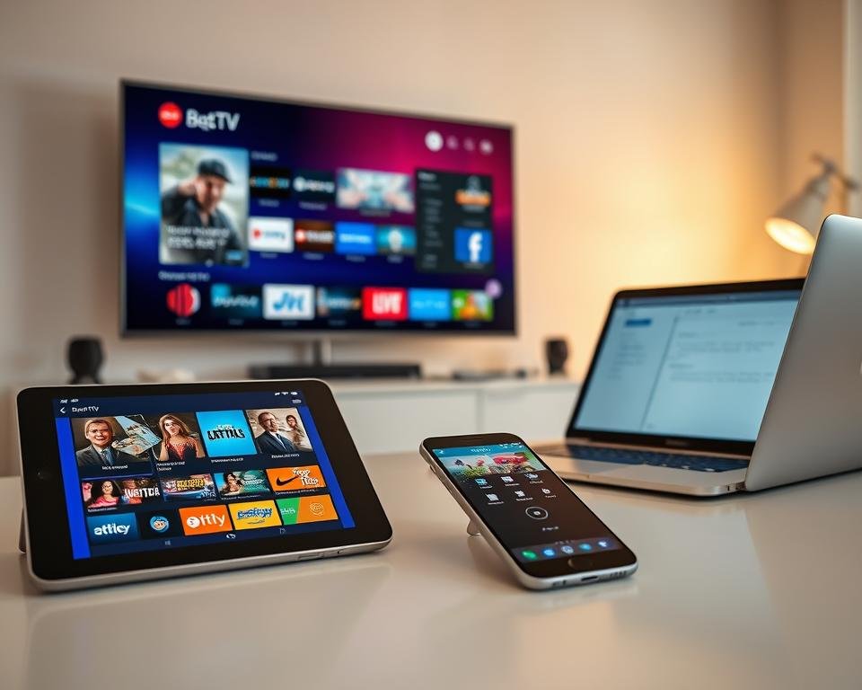A modern digital workspace showcasing a variety of devices displaying popular streaming platforms. In the foreground, a sleek tablet and a smartphone lay side by side, each showing vibrant app interfaces for IPTV services. In the middle ground, a smart TV is mounted on a wall, presenting an engaging visual of multiple streaming channels. The background features a stylish laptop with an open window displaying device compatibility settings. The lighting is bright and inviting, with a soft focus to create a warm atmosphere. A clean desk setup enhances the professional vibe, emphasizing technology's role in entertainment. The angle is slightly elevated to capture all devices harmoniously.