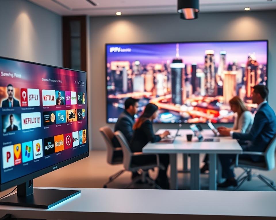 A modern digital workspace showcasing the integration of IPTV and OTT platforms. In the foreground, a sleek computer monitor displays a vibrant user interface featuring popular streaming services and IPTV channels, highlighting seamless navigation. In the middle ground, a diverse group of professionals in business attire collaborate around a well-designed conference table, analyzing data on tablets and laptops. The background features a large OLED screen showcasing a futuristic cityscape and digital media content streaming in real-time, with colorful graphics illuminating the room. Soft, ambient lighting creates a focused yet dynamic atmosphere, emphasizing innovation and collaboration in the entertainment industry. The scene is captured from a slightly elevated angle, adding depth and perspective to the integration concept. The overall mood reflects excitement and progress in modern digital entertainment solutions. A modern digital workspace showcasing the integration of IPTV and OTT platforms. In the foreground, a sleek computer monitor displays a vibrant user interface featuring popular streaming services and IPTV channels, highlighting seamless navigation. In the middle ground, a diverse group of professionals in business attire collaborate around a well-designed conference table, analyzing data on tablets and laptops. The background features a large OLED screen showcasing a futuristic cityscape and digital media content streaming in real-time, with colorful graphics illuminating the room. Soft, ambient lighting creates a focused yet dynamic atmosphere, emphasizing innovation and collaboration in the entertainment industry. The scene is captured from a slightly elevated angle, adding depth and perspective to the integration concept. The overall mood reflects excitement and progress in modern digital entertainment solutions.