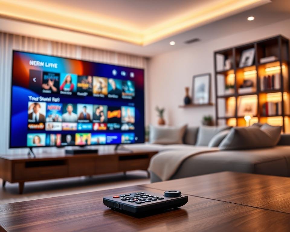 A modern home entertainment setup showcasing internet protocol television streaming in 2025. In the foreground, a sleek, ultra-HD TV displaying a vibrant streaming interface filled with colorful thumbnails of popular shows and movies. A remote control lies casually on a stylish coffee table. In the middle ground, a comfortable living room scene featuring a plush sofa and ambient lighting creates a cozy atmosphere. Behind, shelves lined with books and decorative items indicate a contemporary lifestyle. The room is illuminated with soft, warm lighting, enhancing the inviting mood. A slight perspective from the side captures the entire space, emphasizing the integration of technology and home comfort, all viewed through a wide-angle lens. A modern home entertainment setup showcasing internet protocol television streaming in 2025. In the foreground, a sleek, ultra-HD TV displaying a vibrant streaming interface filled with colorful thumbnails of popular shows and movies. A remote control lies casually on a stylish coffee table. In the middle ground, a comfortable living room scene featuring a plush sofa and ambient lighting creates a cozy atmosphere. Behind, shelves lined with books and decorative items indicate a contemporary lifestyle. The room is illuminated with soft, warm lighting, enhancing the inviting mood. A slight perspective from the side captures the entire space, emphasizing the integration of technology and home comfort, all viewed through a wide-angle lens.