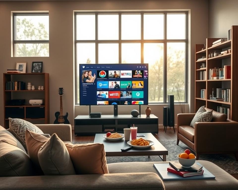 A modern home living room featuring a sleek smart TV displaying vibrant IPTV streaming options on the screen. In the foreground, a comfortable couch with decorative cushions, a remote control resting on the armrest. On the coffee table, snacks and drinks add a casual feel. In the middle ground, a stylish bookshelf filled with entertainment-related books and devices. The background showcases large windows allowing soft, warm daylight to illuminate the space, creating a welcoming atmosphere. The overall mood is relaxed and inviting, perfect for family streaming time. The image should be captured from a slightly elevated angle, emphasizing the cozy setup without any people present.