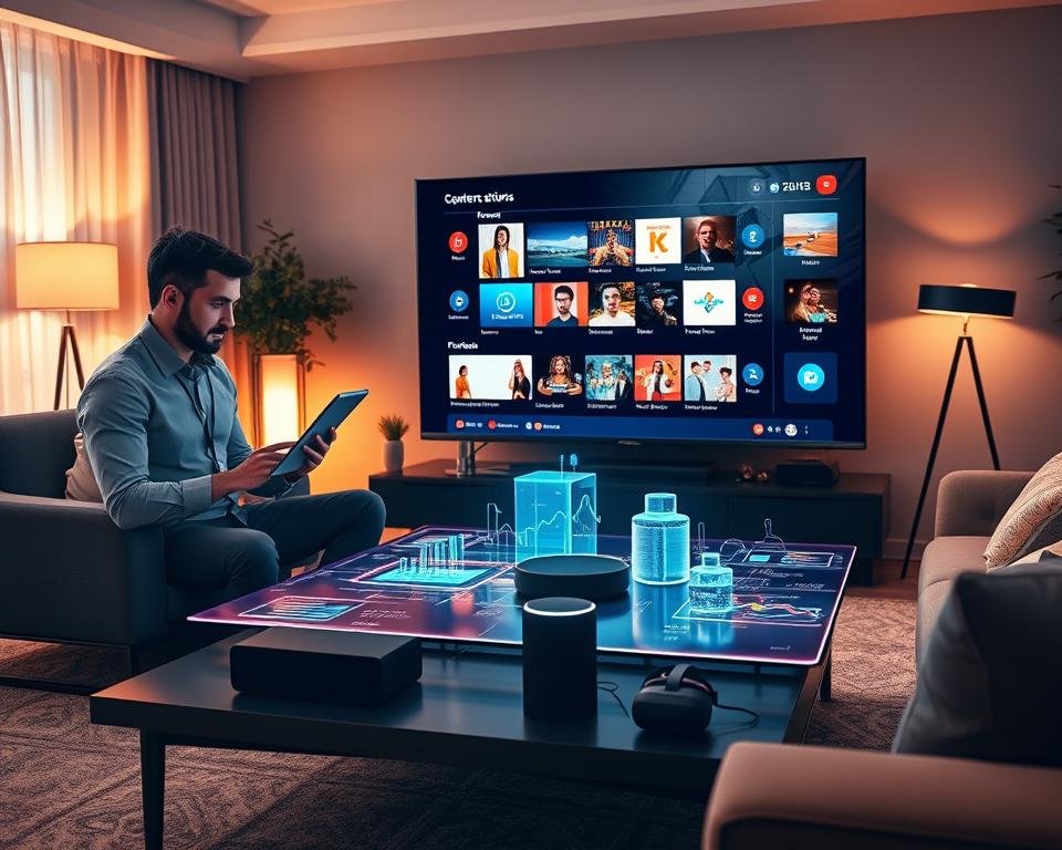 A modern home office setting depicting the future of IPTV streaming trends. In the foreground, a sleek, ultra-high-definition smart TV displays a visually captivating interface showcasing diverse streaming options. To the left, a professional individual in smart casual attire, with a focused expression, engages with a tablet, analyzing IPTV statistics. The middle layer features a futuristic coffee table with holographic streaming data projections, surrounded by tech gadgets like smart speakers and VR headsets. The background illustrates a cozy living room with soft, ambient lighting, illuminated by warm light from stylish floor lamps. The atmosphere is innovative and inspiring, emphasizing technological advancement and user-friendly entertainment experiences, conveying a sense of excitement about the future of streaming.