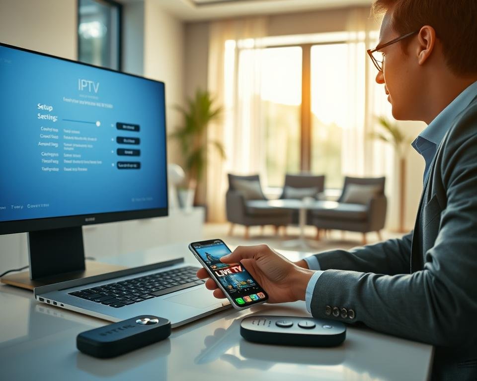 A modern home office setting features a laptop displaying an IPTV setup interface on the screen. In the foreground, a person in professional business attire is engaged in configuring the system, showcasing an effortless, intuitive setup process. The middle layer includes a smartphone with a live TV app open, alongside a user-friendly remote control. In the background, the room is bright and inviting, with natural light streaming through a window, illuminating sleek furniture and modern decor. The atmosphere is one of confidence and ease, emphasizing a hassle-free experience. The image captures the essence of instant activation and the convenience of technology seamlessly integrating into everyday life, shot from a slightly elevated angle to highlight the workspace.