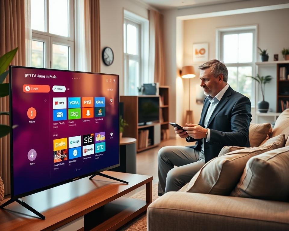 A modern home office setting showcasing a user-friendly IPTV setup. In the foreground, a sleek, stylish television displays an intuitive menu interface with colorful app icons. Beside it, a user—a middle-aged professional in smart casual attire—easily navigates multiple devices: a remote control, a tablet, and a smartphone. The middle ground features a cozy couch adorned with cushions, emphasizing comfort. The background reveals a bright room bathed in natural light from large windows, with minimalistic decor, like potted plants and a bookshelf. The atmosphere is relaxed, showcasing a seamless integration of technology into daily life. Warm lighting adds a welcoming touch, and the angle captures the feeling of effortless exploration and setup.