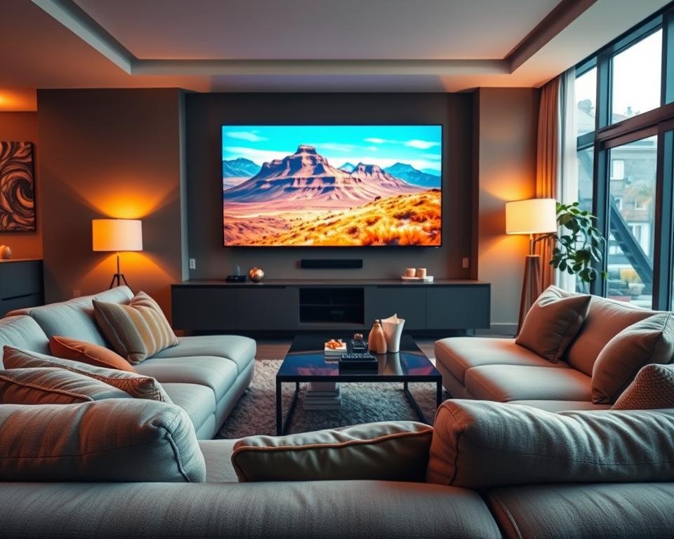 A modern living room designed for an optimal viewing experience. In the foreground, a plush sectional sofa is adorned with decorative cushions. A sleek, large flat-screen TV mounted on the wall displays a vibrant, colorful landscape, hinting at exciting content. In the middle, a stylish coffee table holds a remote control and snacks, suggesting a cozy atmosphere. The background features warm, ambient lighting, with soft lamps casting a welcoming glow. Large windows allow natural light to filter in, creating a balanced mix of daylight and cozy evening vibes. The scene is shot from a low angle, highlighting the comfort of the space while focusing on the viewer's eye level to evoke an inviting mood.