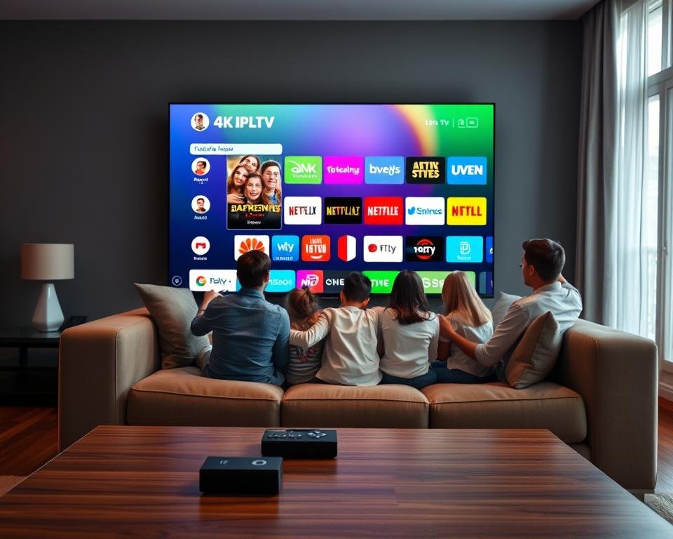 A modern living room featuring a large, sleek smart TV displaying a vibrant, colorful 4K IPTV interface. In the foreground, a stylish coffee table holds a remote control and some popular streaming device icons. The middle ground includes a plush sofa with a few casual throw pillows, where a family of four is seated, all wearing comfortable yet professional casual clothing, eagerly watching the TV together. The background shows a bright window with natural light pouring in, enhancing the warm and cozy atmosphere. The overall scene conveys a sense of harmony and enjoyment, showcasing the ease of accessing a variety of content on multiple devices in a family-friendly setting. Soft lighting accentuates the colors on the TV screen, making it the focal point of the room.