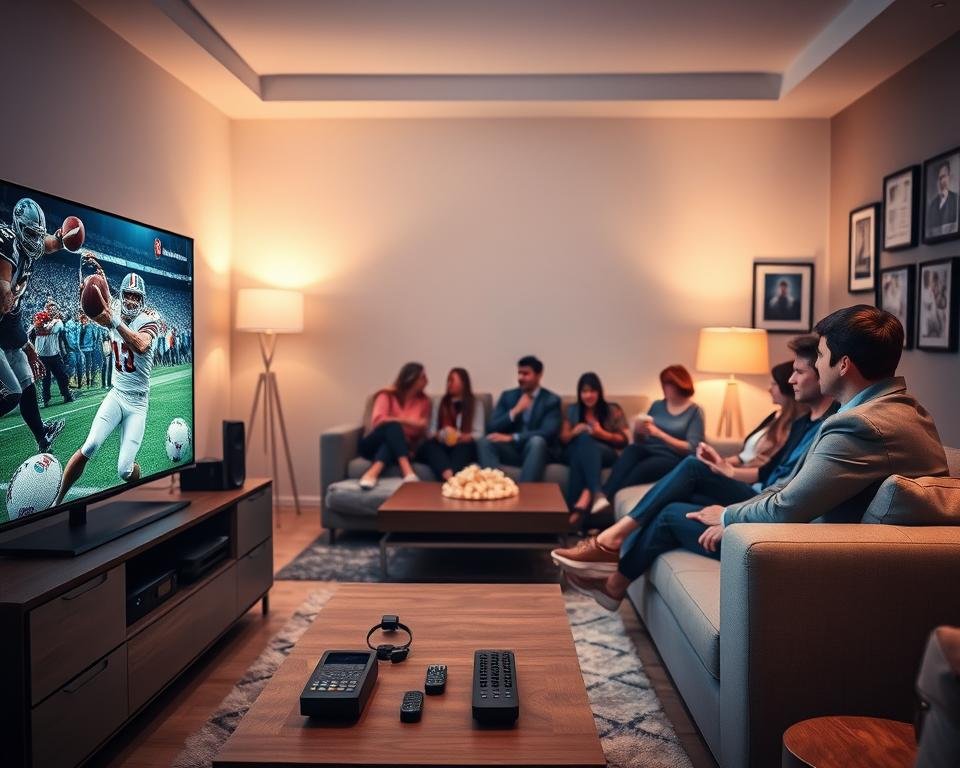 A modern living room featuring a sleek IPTV streaming setup. In the foreground, a large flat-screen TV displays a vibrant sports game, surrounded by an array of remote controls and a stylish media console. In the middle, a cozy sofa with people in professional business attire engaging with the streaming service, some holding popcorn and drinks, creating an inviting atmosphere. The background showcases soft, warm lighting emanating from floor lamps, with framed sports memorabilia on the walls. The scene is shot from a slightly elevated angle, capturing the excitement and connection of watching live sports at home through IPTV technology, highlighting the immersive experience it offers for sports fans. A modern living room featuring a sleek IPTV streaming setup. In the foreground, a large flat-screen TV displays a vibrant sports game, surrounded by an array of remote controls and a stylish media console. In the middle, a cozy sofa with people in professional business attire engaging with the streaming service, some holding popcorn and drinks, creating an inviting atmosphere. The background showcases soft, warm lighting emanating from floor lamps, with framed sports memorabilia on the walls. The scene is shot from a slightly elevated angle, capturing the excitement and connection of watching live sports at home through IPTV technology, highlighting the immersive experience it offers for sports fans.
