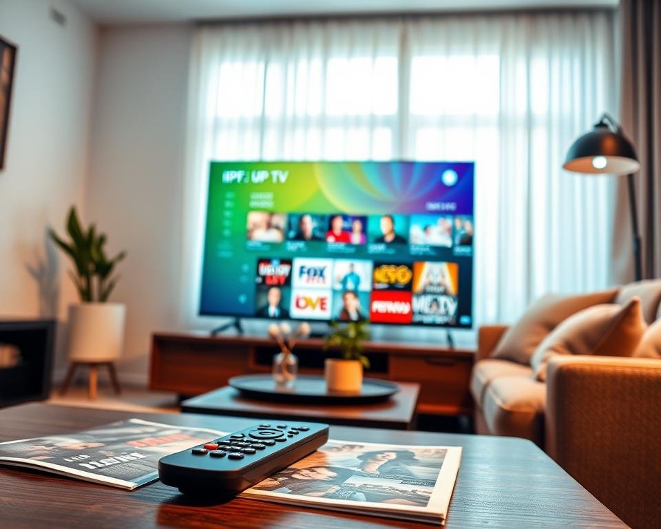 A modern living room featuring a sleek flat-screen TV displaying vibrant, user-friendly EPG (Electronic Program Guide) interface with various catch-up TV options highlighted. In the foreground, a stylish remote control rests on a coffee table, surrounded by a few magazines showcasing popular shows. The middle ground includes a cozy sofa with plush cushions and a decorative plant for a warm touch. The background is softly illuminated with natural light streaming in from a window, creating a serene atmosphere. The scene conveys a sense of comfort and advanced technology, inviting viewers to explore the robust features of IPTV services. The overall mood is relaxed and engaging, perfect for enjoying family entertainment.
