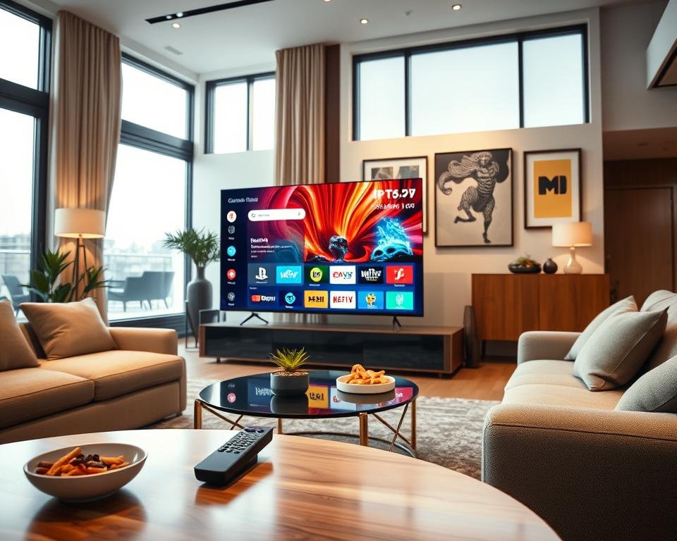 A modern living room featuring a sleek smart TV as the centerpiece, displaying a vibrant and engaging IPTV interface. Foreground elements include a stylish coffee table with a remote control and snacks, creating a cozy atmosphere. The middle layer shows plush seating arrangements, like a contemporary sofa, adorned with cushions. In the background, large windows allow soft natural light to filter in, enhancing the room’s warmth. The setting is decorated in neutral tones with colorful artwork on the walls, emphasizing a relaxing and inviting mood. The angle captures the TV screen directly, highlighting its high definition while maintaining focus on the elegant living space. The overall atmosphere is one of comfort and modernity, reflecting the integration of technology into everyday life.