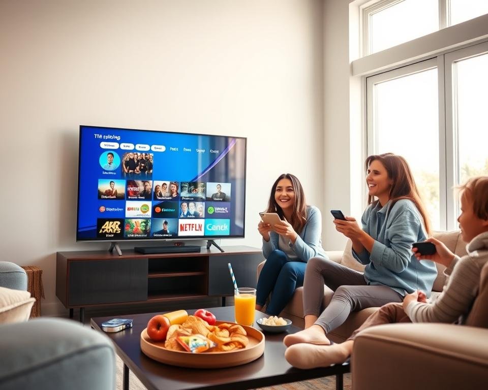 A modern living room featuring a sleek, smart TV displaying a vibrant user interface of streaming content options, emphasizing the benefits of IPTV on a Firestick. In the foreground, a casually dressed family enjoys the experience together, each holding a remote control, with expressions of delight and engagement. The middle ground showcases a stylish coffee table filled with snacks and drinks, inviting a relaxed atmosphere. In the background, bright windows allow natural light to flood the room, creating an inviting and warm ambiance. The scene is captured with a slightly upward angle to highlight the television and family interaction, emphasizing connection and entertainment. The overall mood is joyful and modern, appealing to the convenience of streaming.
