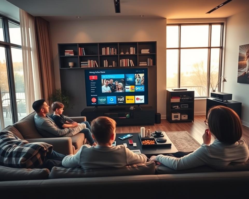 A modern living room featuring a sleek smart television showcasing IPTV technology. In the foreground, a family gathered comfortably on a stylish couch, dressed in casual but neat clothing, engaging with their streaming service interface displayed on the screen. In the middle ground, a coffee table with snacks and remote controls highlights the cozy viewing experience, while an elegant bookshelf filled with tech gadgets reflects a contemporary lifestyle. The background reveals large windows letting in warm, soft natural light, creating a relaxed atmosphere. The scene is captured from a slightly elevated angle, providing depth and a personal touch, conveying a sense of connection to the new era of television.