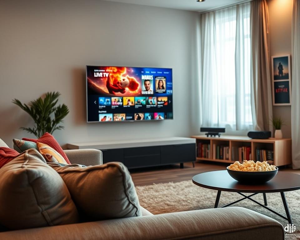 A modern living room scene focused on a sleek flat-screen television displaying a vibrant combination of live TV and on-demand content. In the foreground, a cozy sofa with colorful cushions invites viewers to relax. To the right, a stylish coffee table holds a remote and a bowl of popcorn, symbolizing a casual viewing experience. The middle ground features a light-filled window with flowing curtains, adding warmth. The background showcases a minimalist entertainment center with a streaming device and various movie posters, hinting at the vast options available. The lighting is soft and inviting, creating a homely atmosphere, while the colors are rich and captivating. The angle emphasizes the unity of live and on-demand viewing with a cinematic feel.