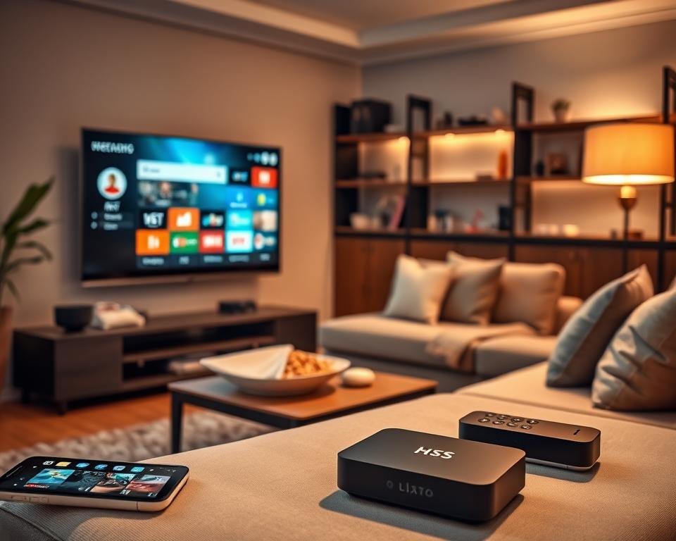 A modern living room scene showcasing various streaming devices compatible with IPTV services. In the foreground, a sleek smart TV displays an illuminated interface with vibrant colors, highlighting popular streaming apps icons. Surrounding the TV are a variety of devices such as a tablet, smartphone, and streaming box. The middle ground features a cozy sofa adorned with plush cushions, while a coffee table holds snacks and a remote control. In the background, softly lit shelves display decorative items, creating a warm and inviting atmosphere. Use soft, natural lighting to enhance the ambiance, with a slightly angled view to capture the depth of the room, evoking a sense of comfort and innovation in streaming technology. A modern living room scene showcasing various streaming devices compatible with IPTV services. In the foreground, a sleek smart TV displays an illuminated interface with vibrant colors, highlighting popular streaming apps icons. Surrounding the TV are a variety of devices such as a tablet, smartphone, and streaming box. The middle ground features a cozy sofa adorned with plush cushions, while a coffee table holds snacks and a remote control. In the background, softly lit shelves display decorative items, creating a warm and inviting atmosphere. Use soft, natural lighting to enhance the ambiance, with a slightly angled view to capture the depth of the room, evoking a sense of comfort and innovation in streaming technology.