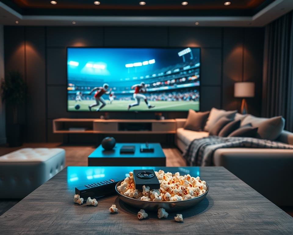 A modern living room setting featuring a large flat-screen television displaying an engaging sports movie scene. In the foreground, a stylish coffee table is adorned with gourmet popcorn and a remote control, hinting at a cozy viewing experience. In the middle ground, a comfortable sectional sofa is positioned to face the TV, with plush cushions and throws, suggesting an inviting atmosphere. The backgrounds show dimmed lights, creating a warm and relaxed environment, while soft ambient lighting complements the scene. The camera angle is slightly elevated, providing a comprehensive view of the entire room, evoking a sense of excitement and premium entertainment. The overall mood conveys exclusivity and luxury in sports movie streaming.