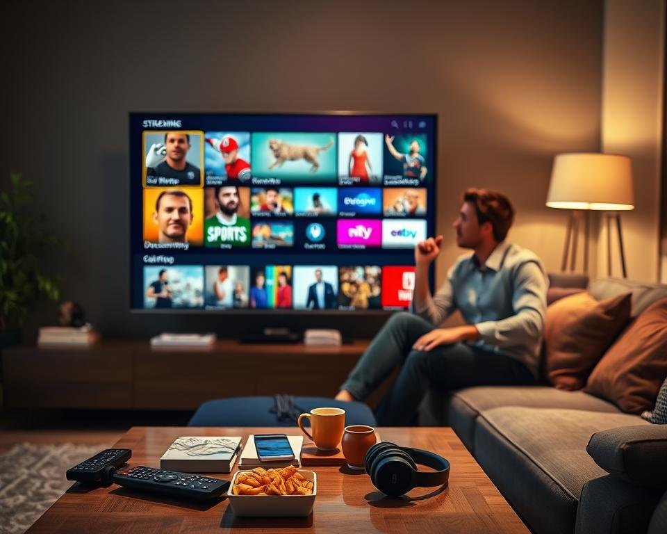 A modern living room setting, featuring a sleek flat-screen TV showcasing various vibrant streaming channel icons, including movies, sports, documentaries, and children's programming. In the foreground, a stylish coffee table with remote controls, snacks, and a pair of wireless headphones. The middle ground displays a comfortable couch with two people, a man and a woman, both dressed in casual but professional attire, engaging in discussion about the TV. The background has soft, warm lighting coming from a lamp, creating a cozy and inviting atmosphere. The composition is balanced, with a slightly elevated angle to capture both the characters and the TV screen, emphasizing the variety of content available through IPTV services. A modern living room setting, featuring a sleek flat-screen TV showcasing various vibrant streaming channel icons, including movies, sports, documentaries, and children's programming. In the foreground, a stylish coffee table with remote controls, snacks, and a pair of wireless headphones. The middle ground displays a comfortable couch with two people, a man and a woman, both dressed in casual but professional attire, engaging in discussion about the TV. The background has soft, warm lighting coming from a lamp, creating a cozy and inviting atmosphere. The composition is balanced, with a slightly elevated angle to capture both the characters and the TV screen, emphasizing the variety of content available through IPTV services.